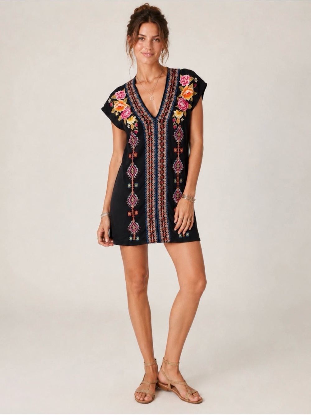 JOHNNY WAS VELLA EASY KNIT TUNIC EMBROIDERED DRESS SZ M